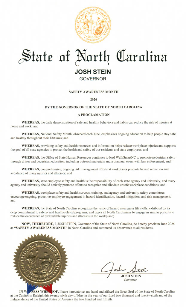 Governor Josh Stein has proclaimed June 2026 a Safety Awareness month in North Carolina